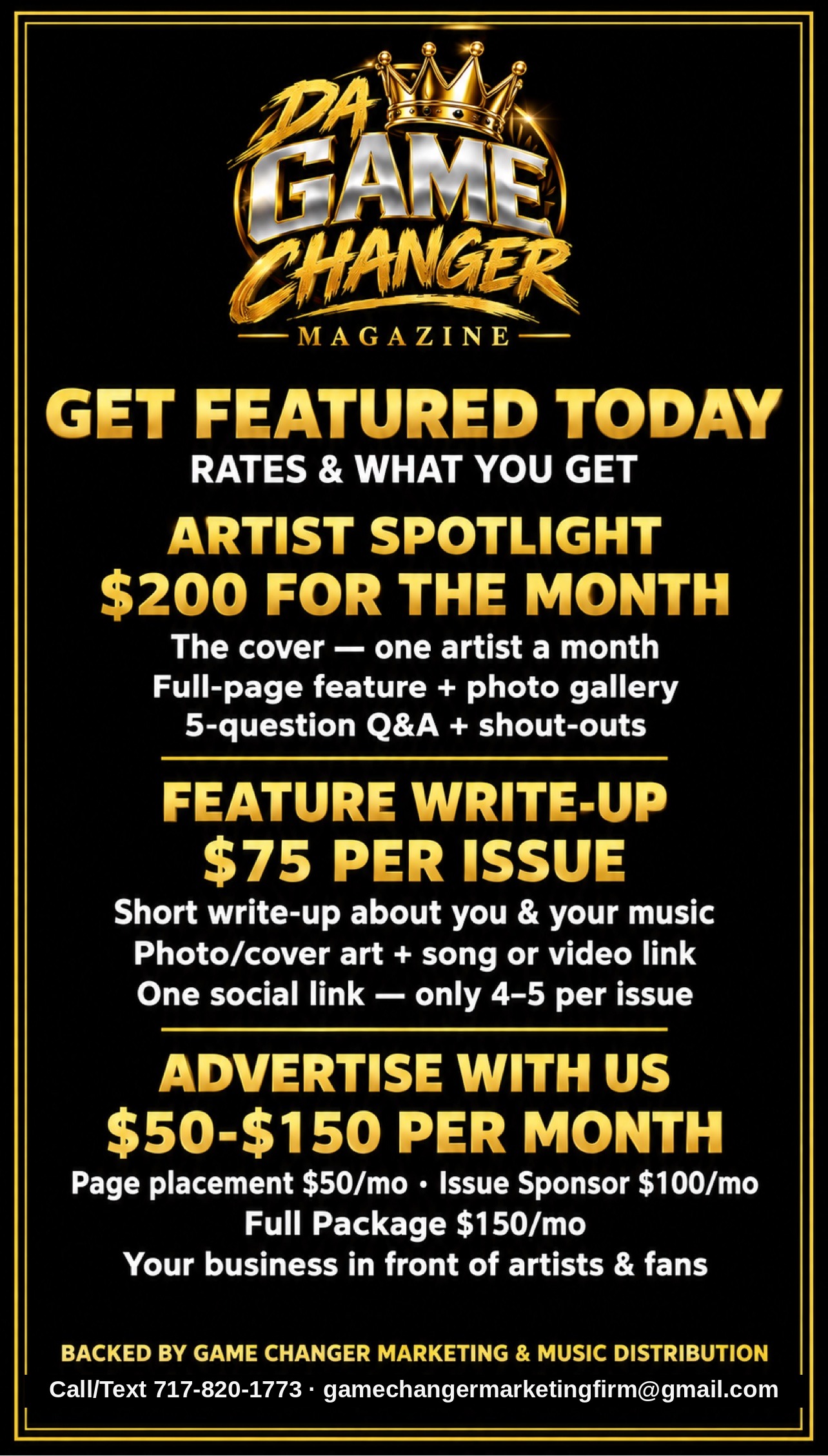 Get Featured Today — Da Game Changer Magazine rates card